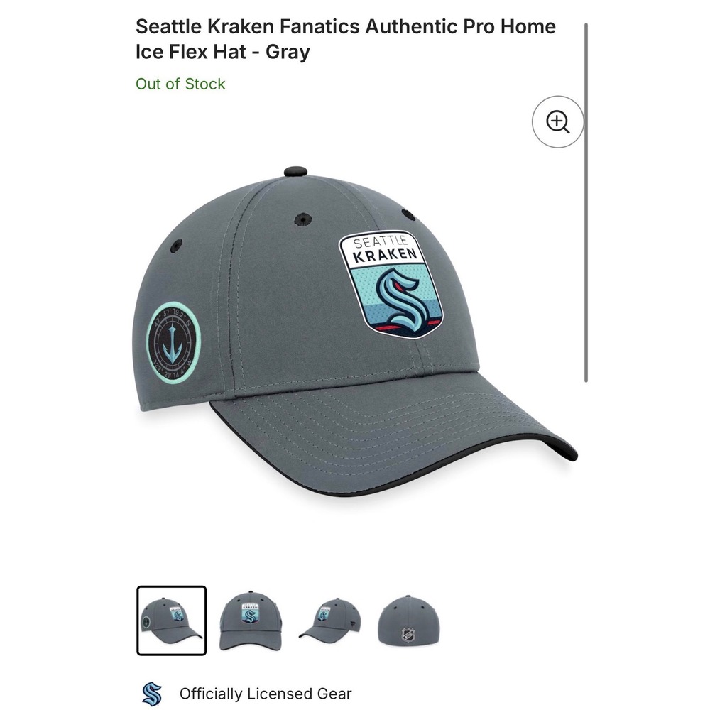 Seattle Kraken NHL‎ Fanatics A Flex Baseball Cap Hat M L Gray Flexfit